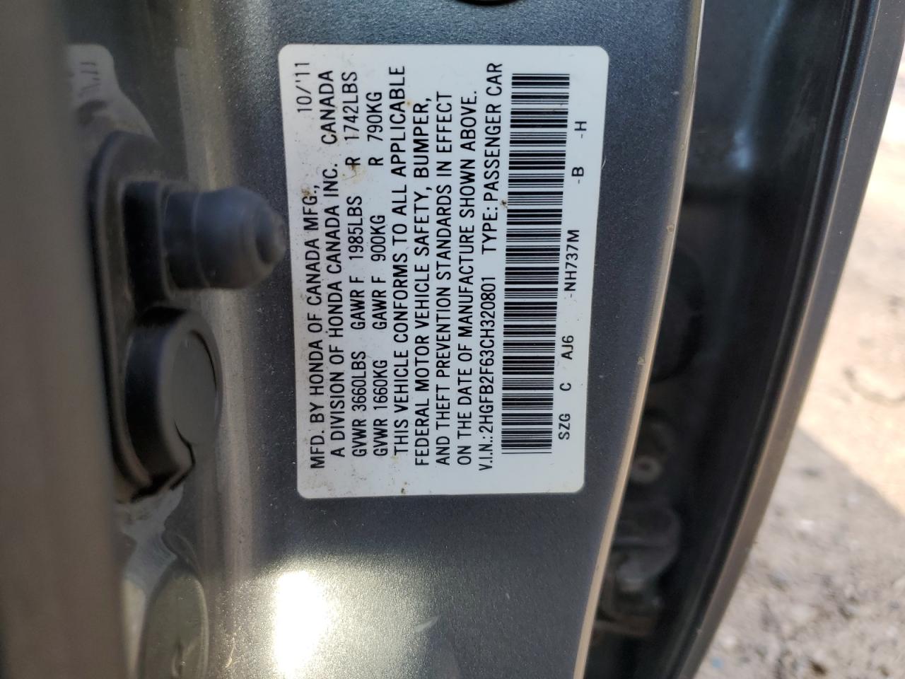 2012 Honda Civic Hf VIN: 2HGFB2F63CH320801 Lot: 82324375