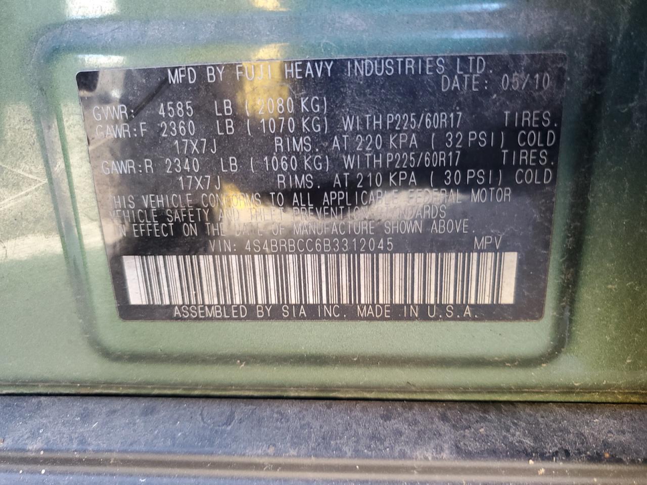 2011 Subaru Outback 2.5I Premium VIN: 4S4BRBCC6B3312045 Lot: 82233185