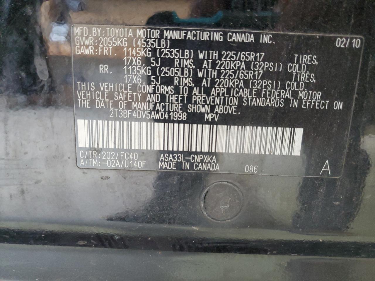 2010 Toyota Rav4 VIN: 2T3BF4DV5AW041998 Lot: 90998355