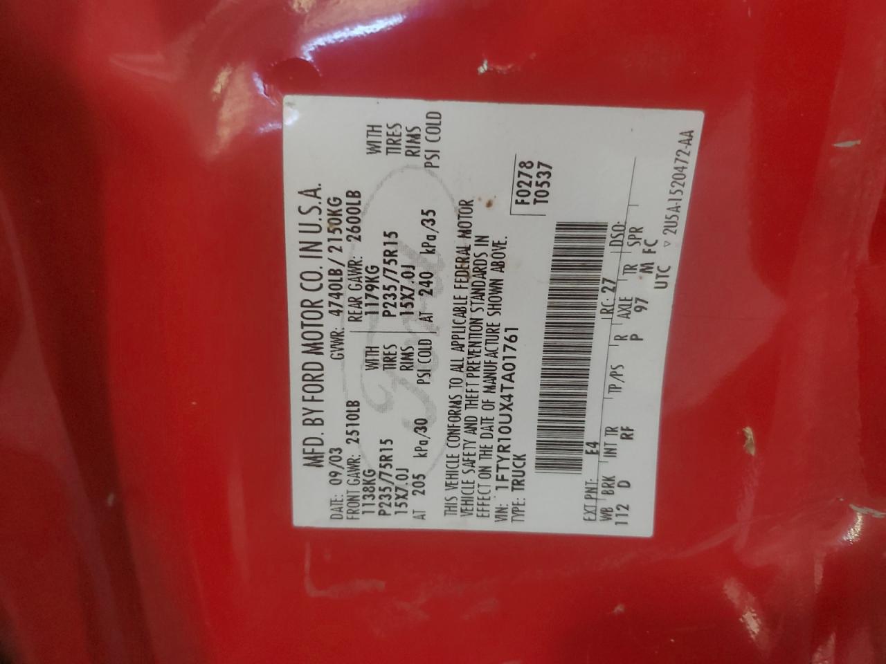 2004 Ford Ranger VIN: 1FTYR10UX4TA01761 Lot: 67011395