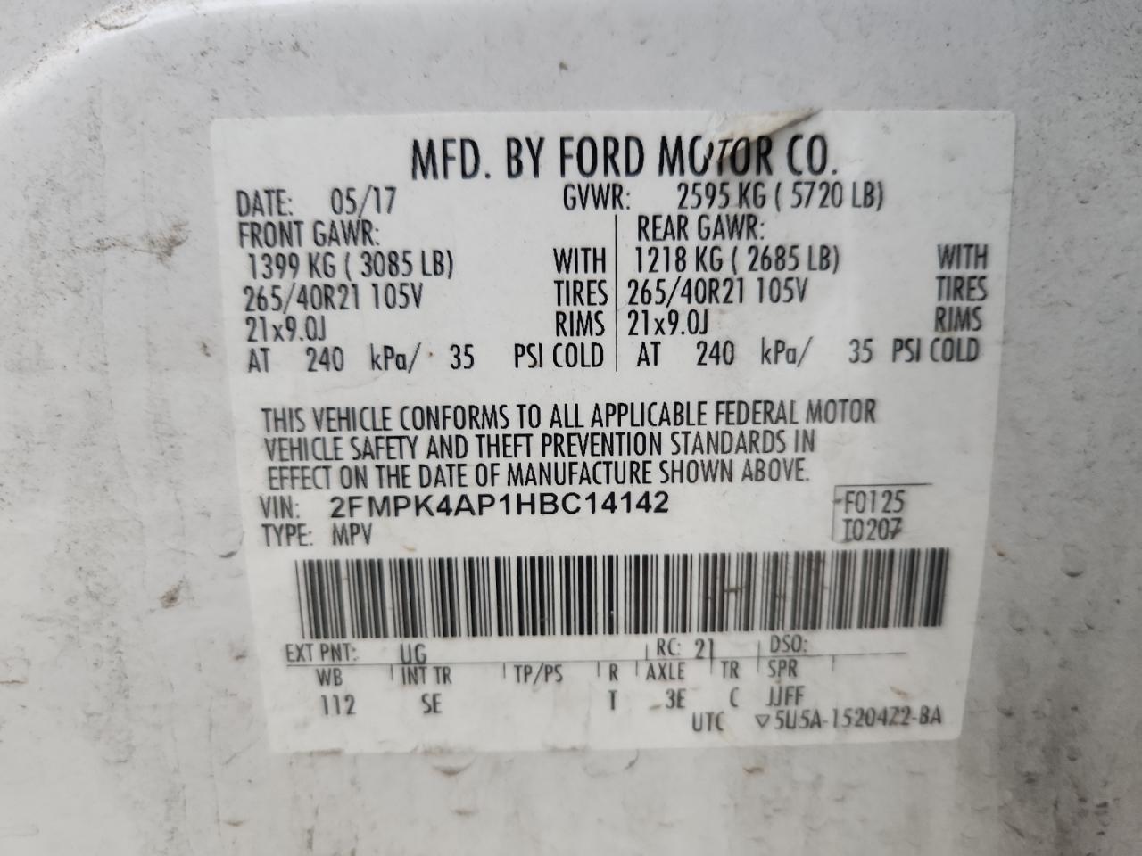 2017 Ford Edge Sport VIN: 2FMPK4AP1HBC14142 Lot: 86781815