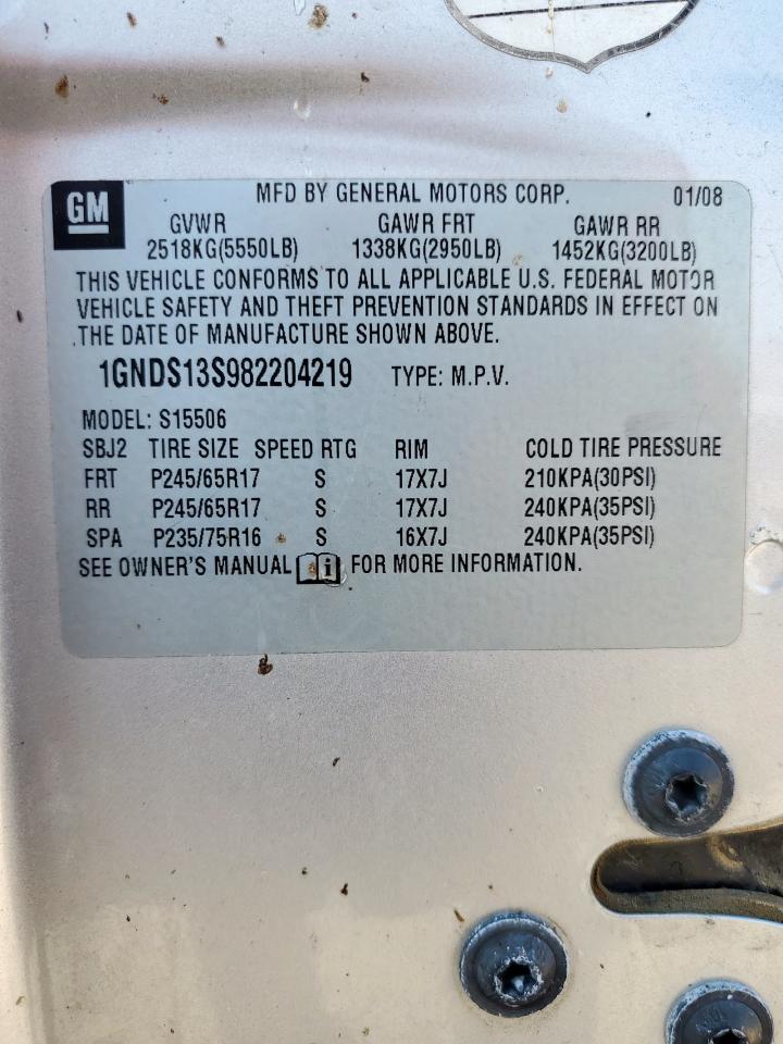 2008 Chevrolet Trailblazer Ls VIN: 1GNDS13S982204219 Lot: 86430315