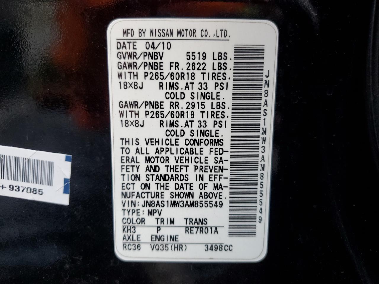 2010 Infiniti Fx35 VIN: JN8AS1MW3AM855549 Lot: 82420785