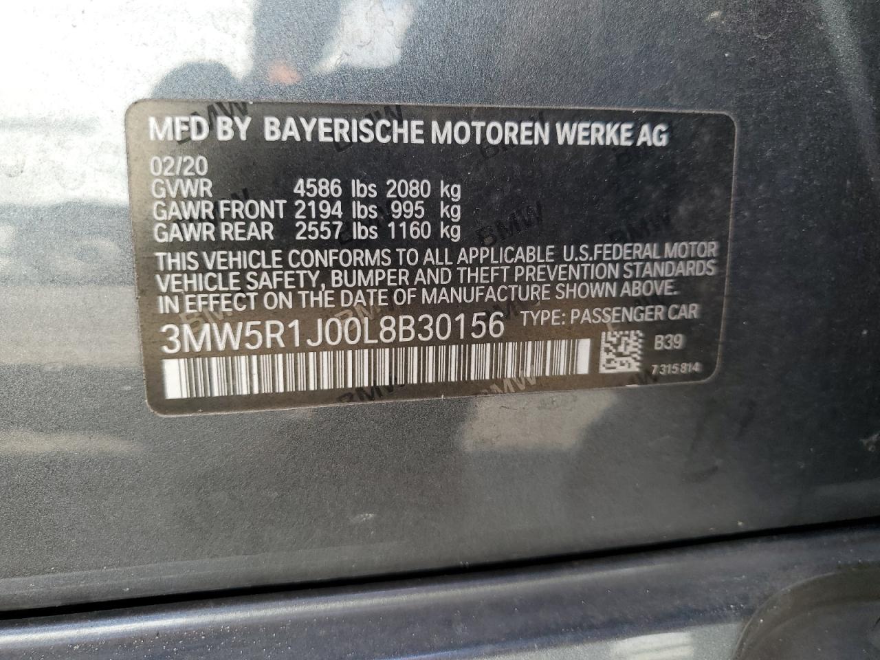 2020 BMW 330I VIN: 3MW5R1J00L8B30156 Lot: 85883085