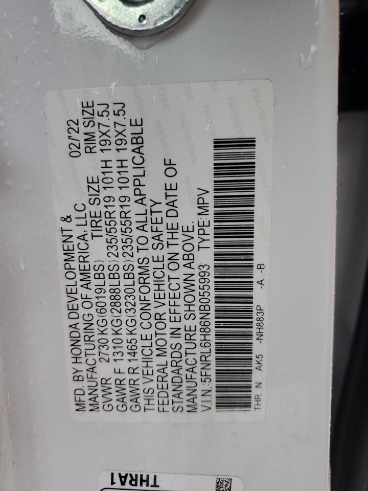 2022 Honda Odyssey Touring VIN: 5FNRL6H86NB055993 Lot: 85355655