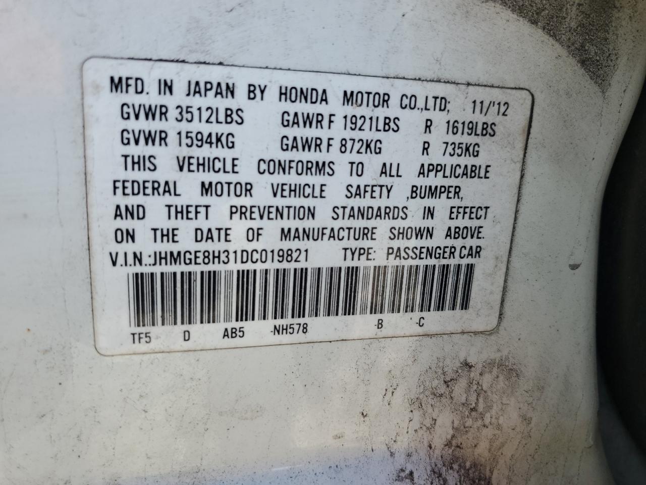 2013 Honda Fit VIN: JHMGE8H31DC019821 Lot: 81884695