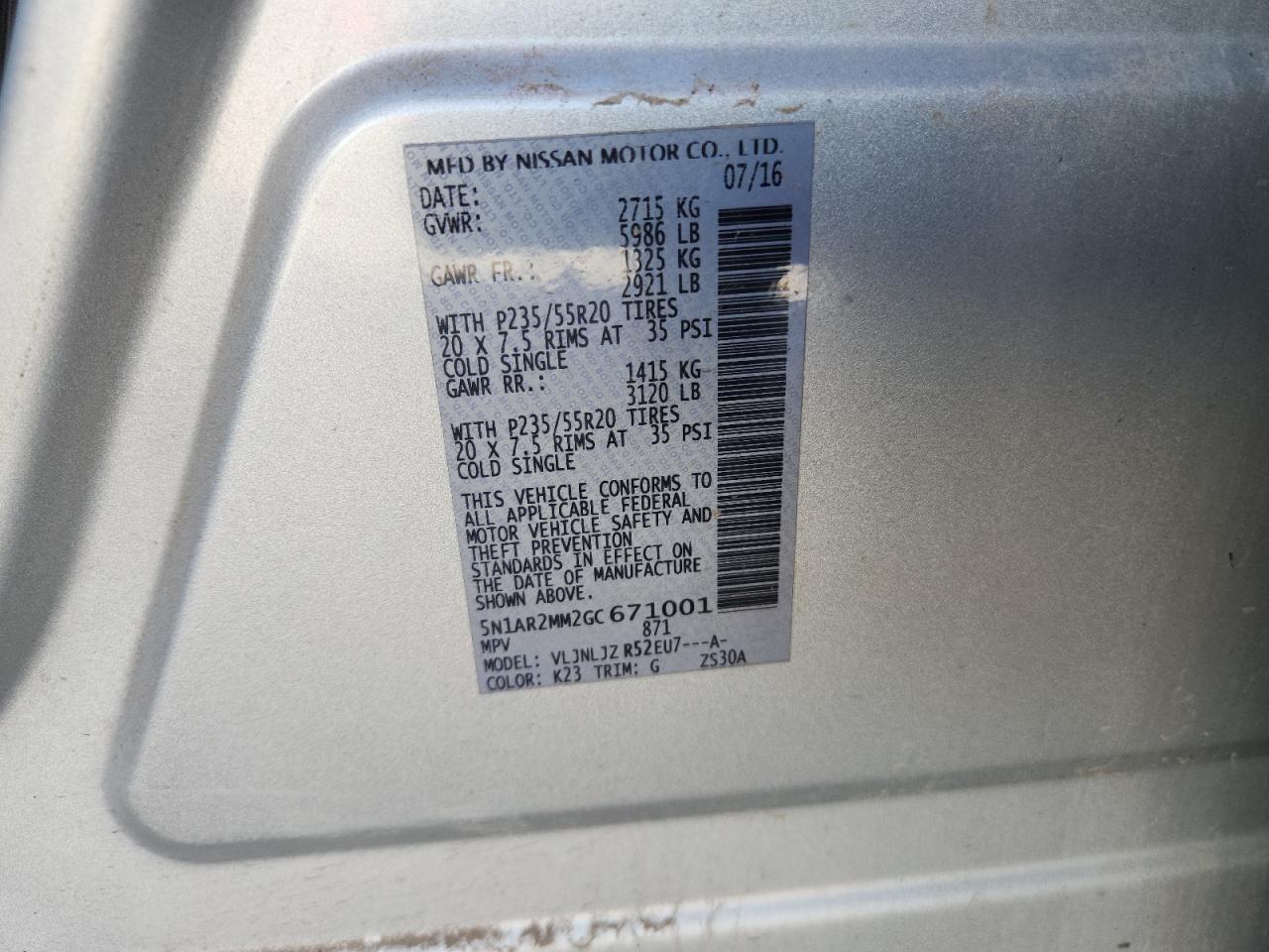 2016 Nissan Pathfinder S VIN: 5N1AR2MM2GC671001 Lot: 84387785