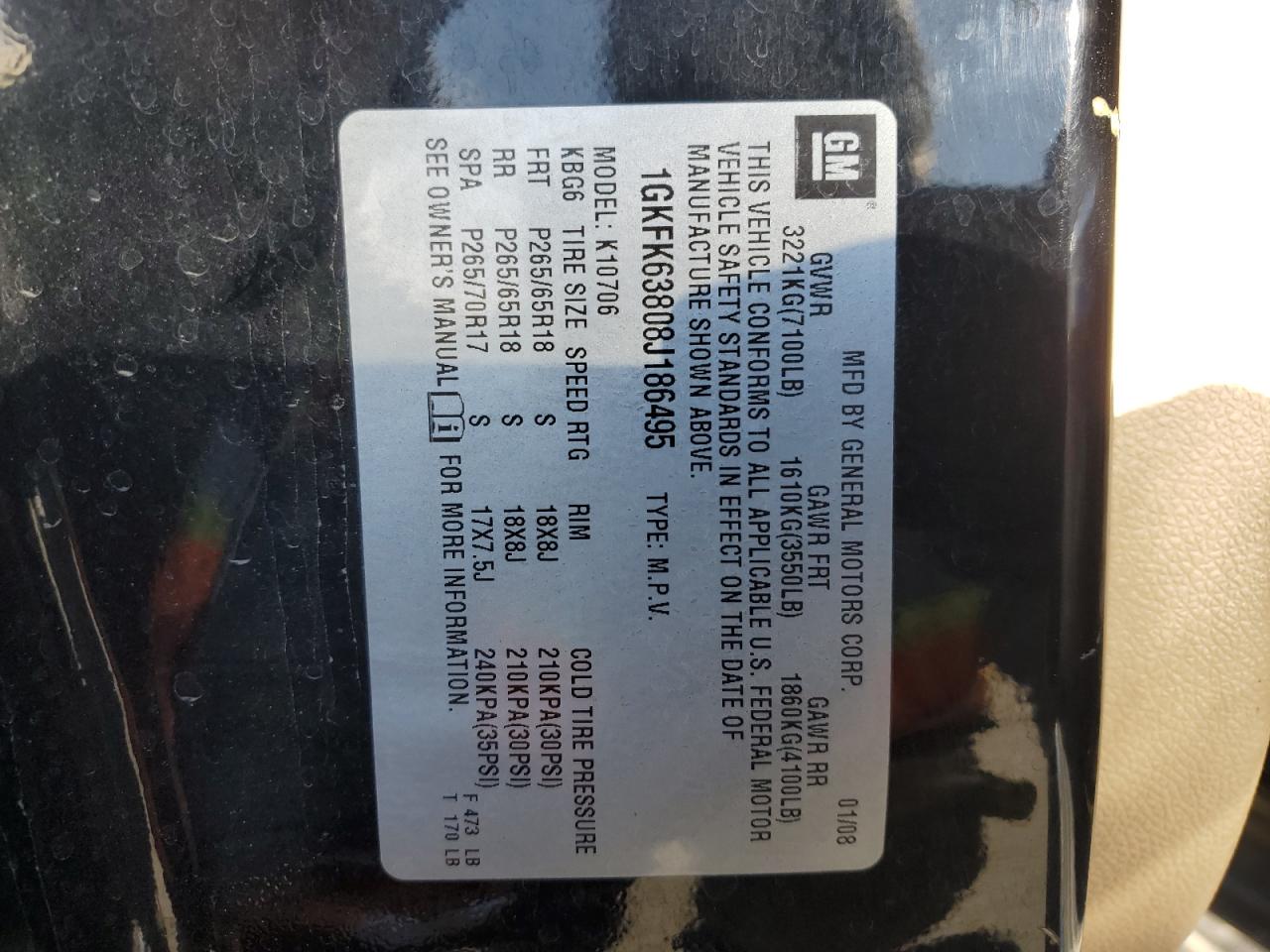 2008 GMC Yukon Denali VIN: 1GKFK63808J186495 Lot: 82771085