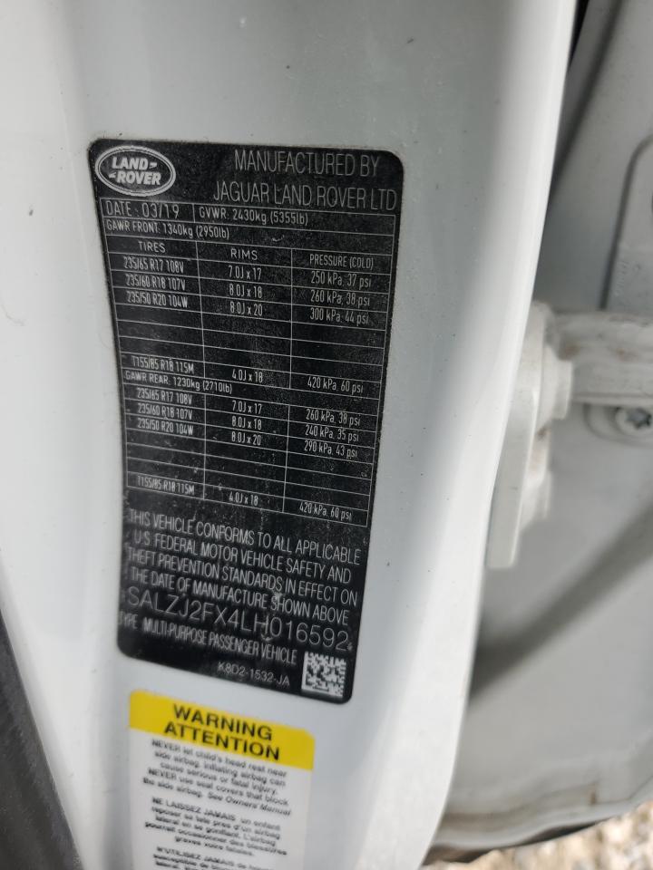 2020 Land Rover Range Rover Evoque S VIN: SALZJ2FX4LH016592 Lot: 81933675