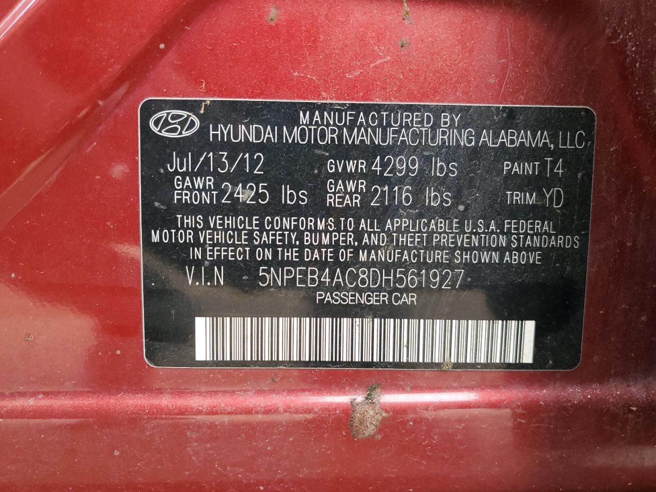 2013 Hyundai Sonata Gls VIN: 5NPEB4AC8DH561927 Lot: 85565715