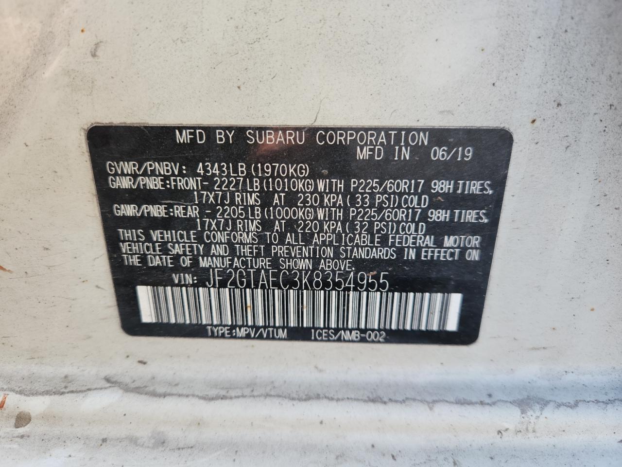 2019 Subaru Crosstrek Premium VIN: JF2GTAEC3K8354955 Lot: 82314175