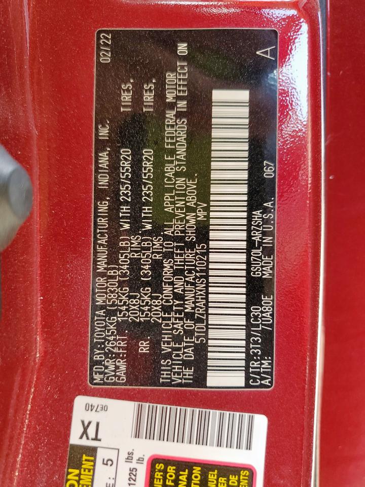 2022 Toyota Highlander Xse VIN: 5TDLZRAHXNS110215 Lot: 85339055