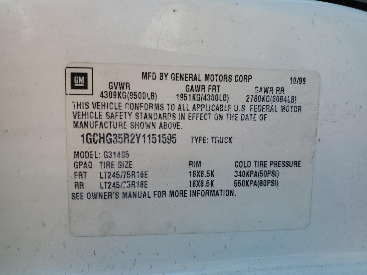 2000 Chevrolet Express G3500 VIN: 1GCHG35R2Y1151595 Lot: 85281465