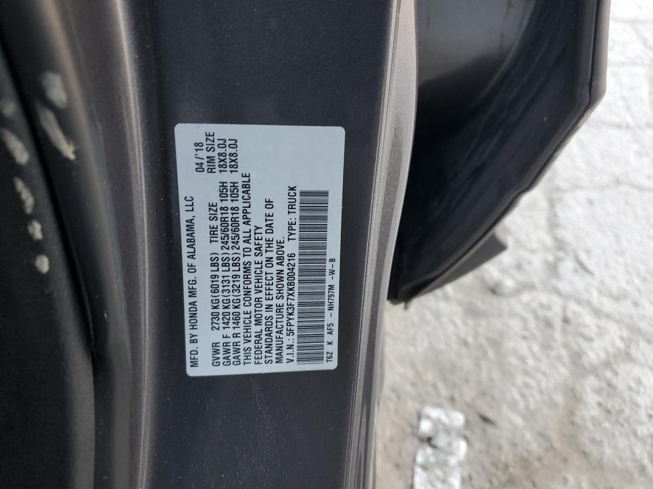 2019 Honda Ridgeline Rtl VIN: 5FPYK3F7XKB004216 Lot: 87457735