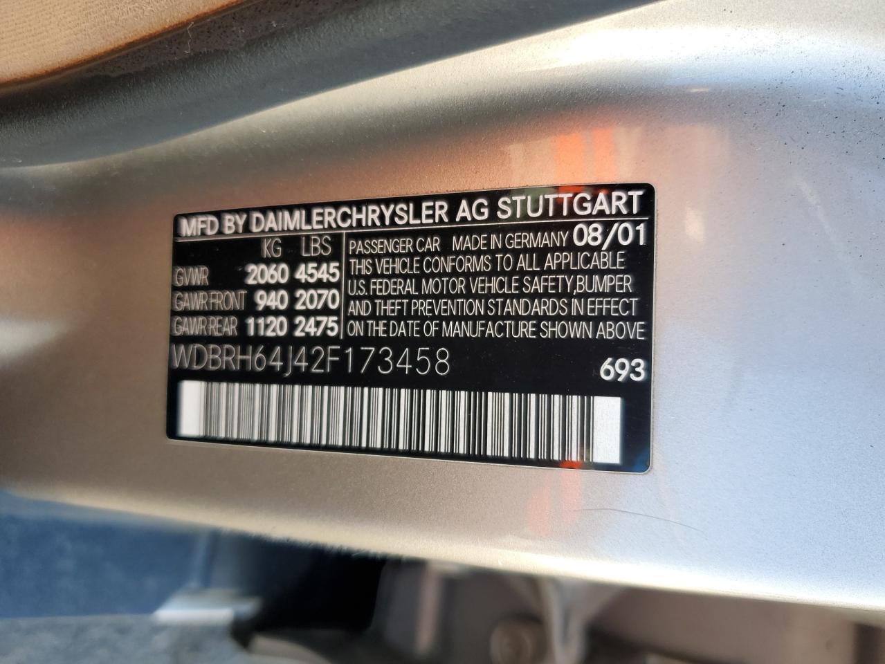 2002 Mercedes-Benz C 320 VIN: WDBRH64J42F173458 Lot: 85647365