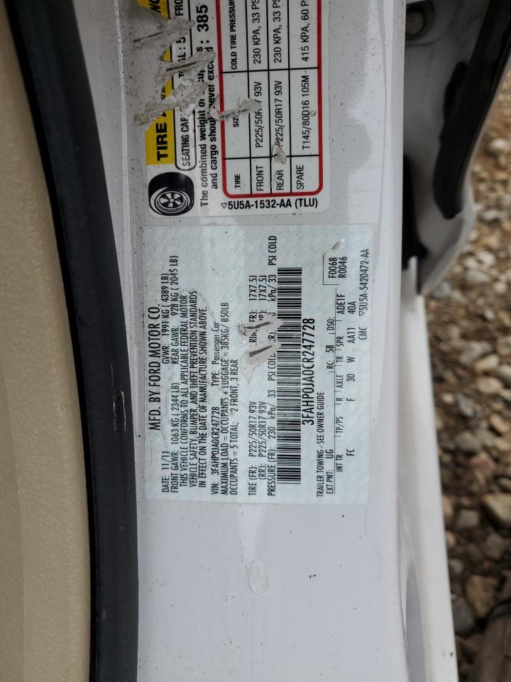 2012 Ford Fusion Sel VIN: 3FAHP0JA0CR247728 Lot: 82483025