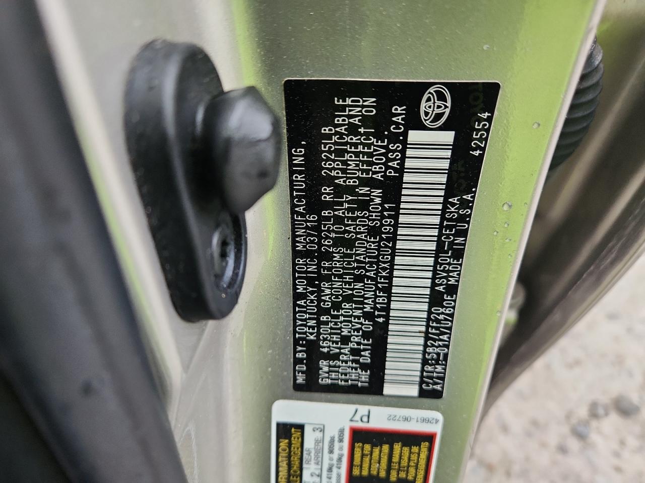 2016 Toyota Camry Le VIN: 4T1BF1FKXGU219911 Lot: 90283845