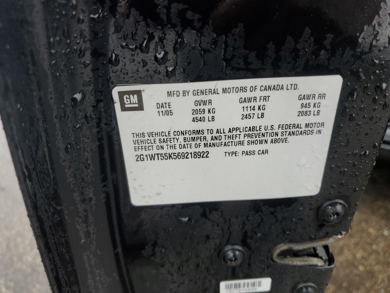 2006 Chevrolet Impala Lt VIN: 2G1WT55K569218922 Lot: 82316975