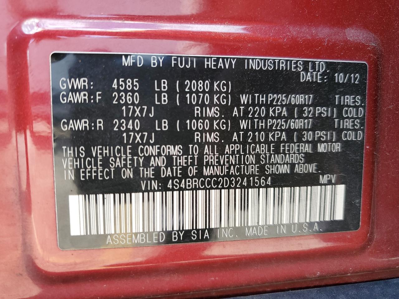 2013 Subaru Outback 2.5I Premium VIN: 4S4BRCCC2D3241564 Lot: 90114415