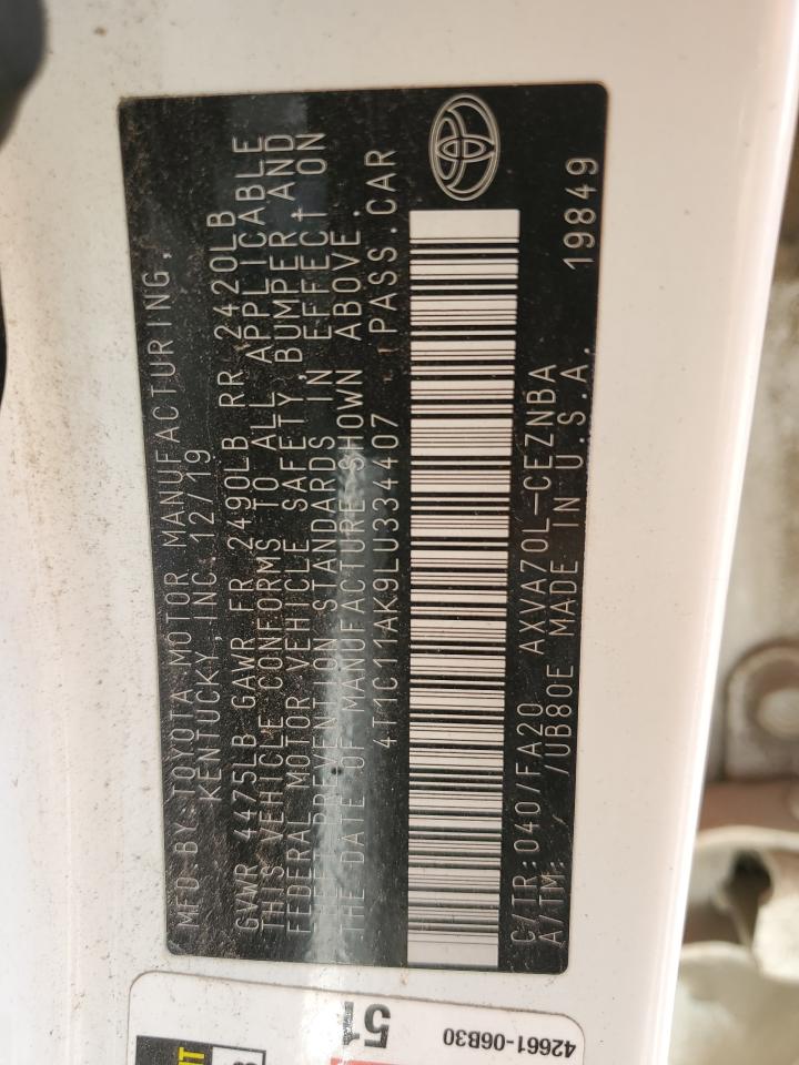 2020 Toyota Camry Le VIN: 4T1C11AK9LU334407 Lot: 85009885