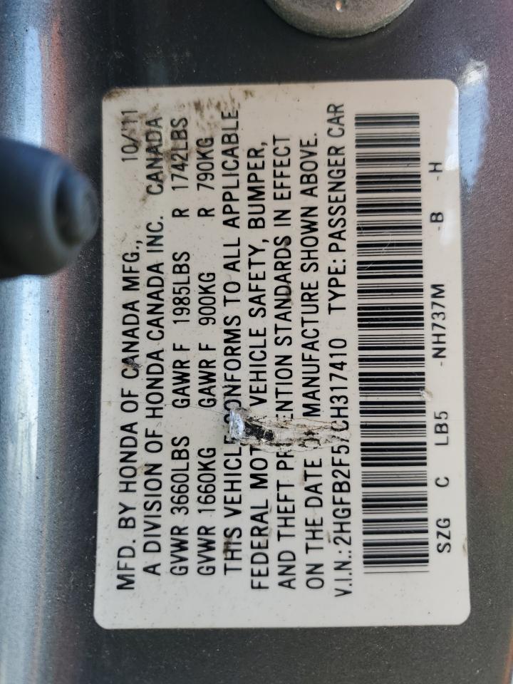 2012 Honda Civic Lx VIN: 2HGFB2F57CH317410 Lot: 86496525