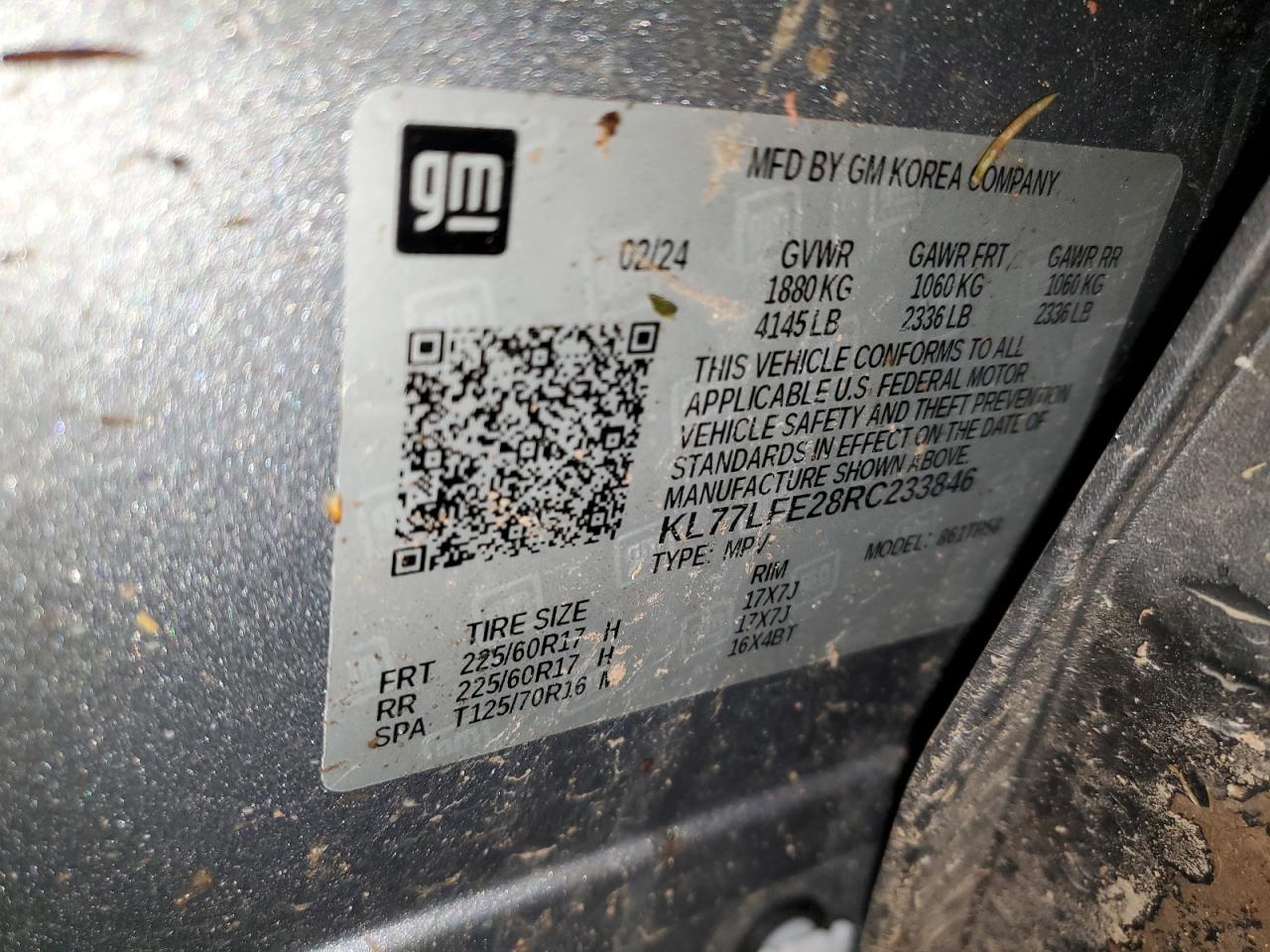 2024 Chevrolet Trax Ls VIN: KL77LFE28RC233846 Lot: 90447055