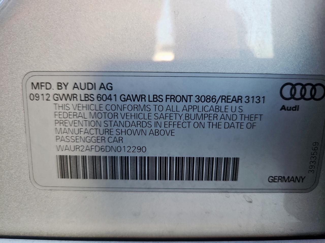 2013 Audi A8 L Quattro VIN: WAUR2AFD6DN012290 Lot: 86290365
