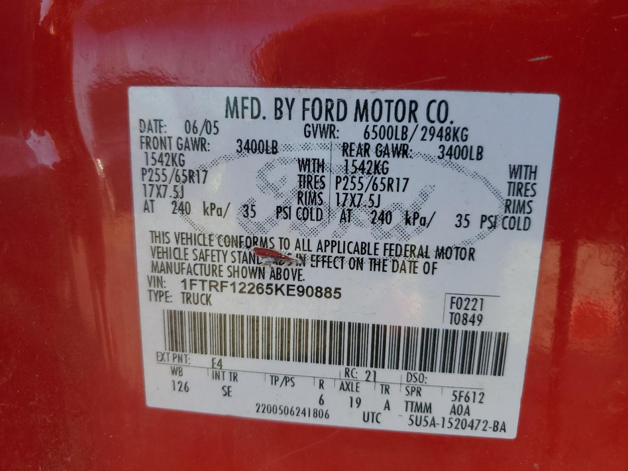 2005 Ford F150 VIN: 1FTRF12265KE90885 Lot: 91046275