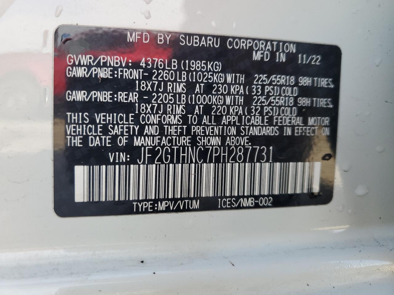 2023 Subaru Crosstrek Limited VIN: JF2GTHNC7PH287731 Lot: 85142325