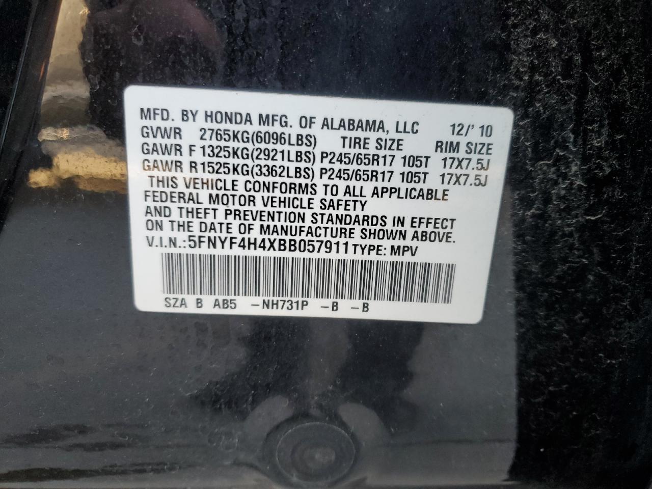 2011 Honda Pilot Ex VIN: 5FNYF4H4XBB057911 Lot: 82383695