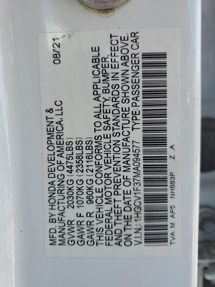 2021 Honda Accord Sport VIN: 1HGCV1F37MA094577 Lot: 89696675