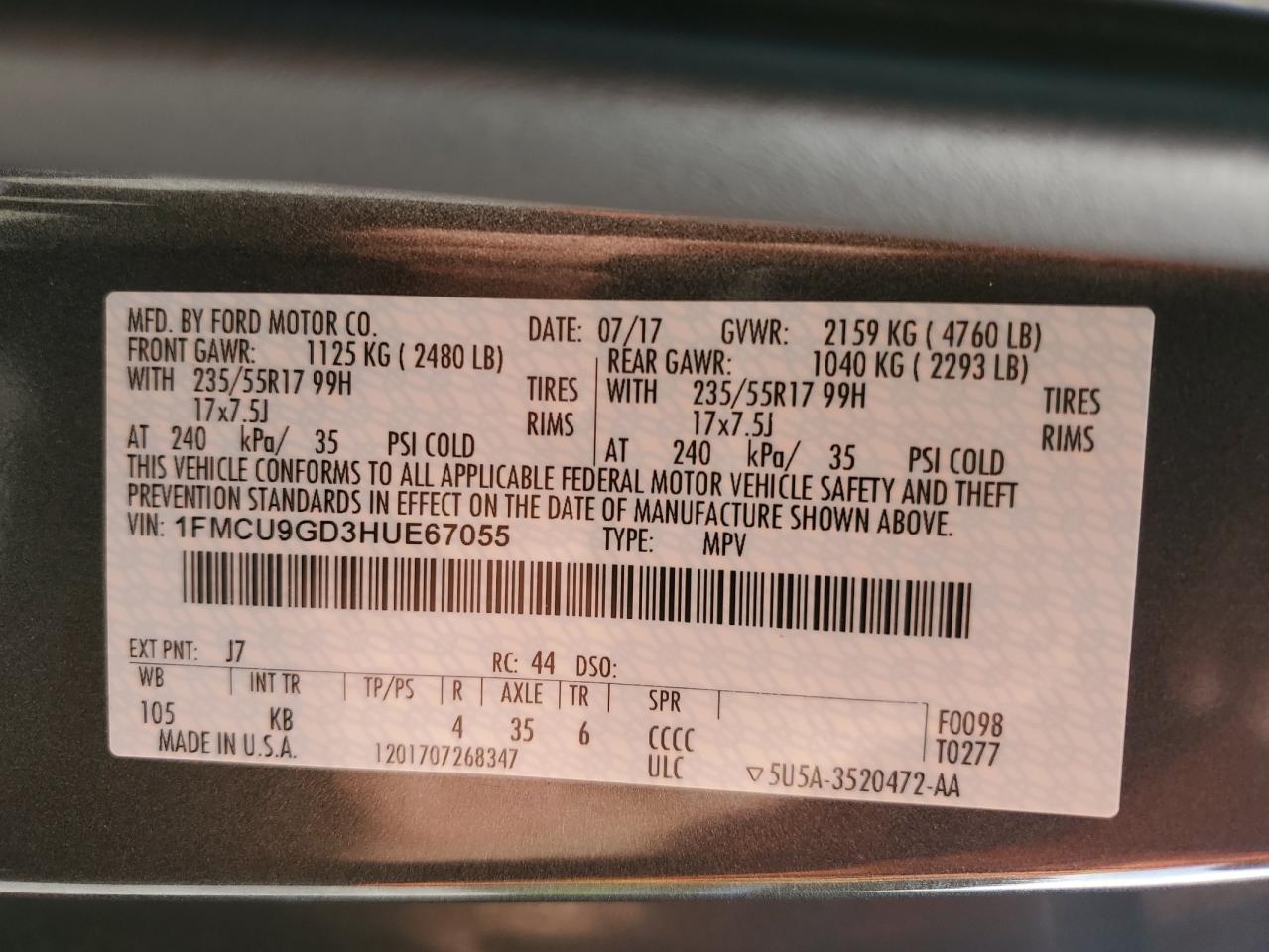 2017 Ford Escape Se VIN: 1FMCU9GD3HUE67055 Lot: 81980165