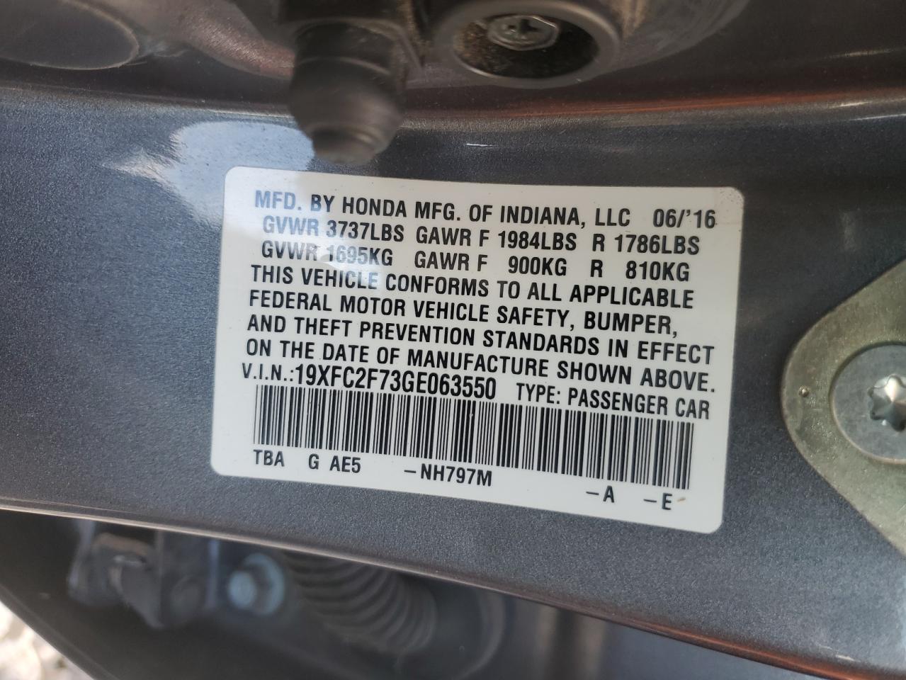 2016 Honda Civic Ex VIN: 19XFC2F73GE063550 Lot: 82316025