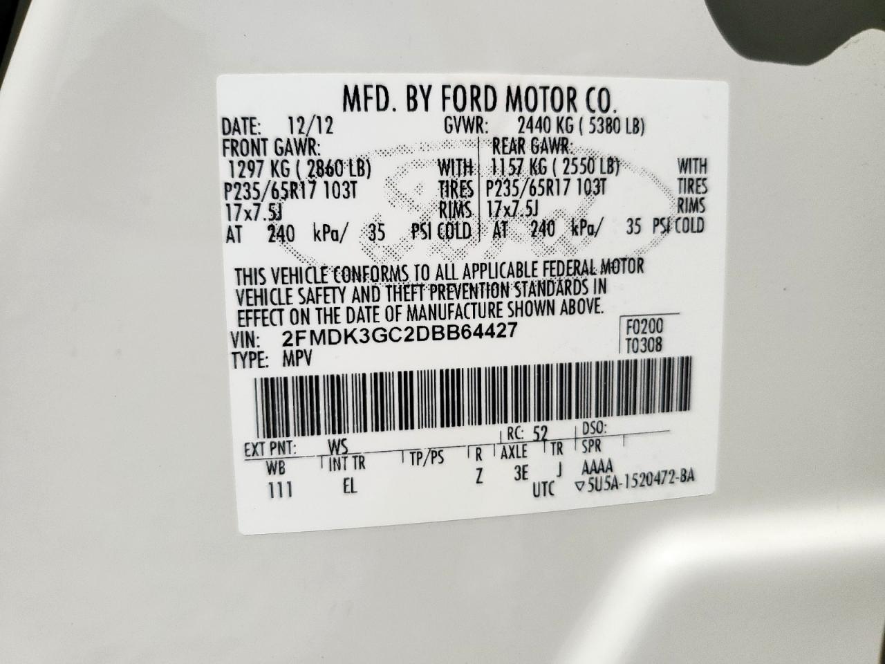 2013 Ford Edge Se VIN: 2FMDK3GC2DBB64427 Lot: 84062255