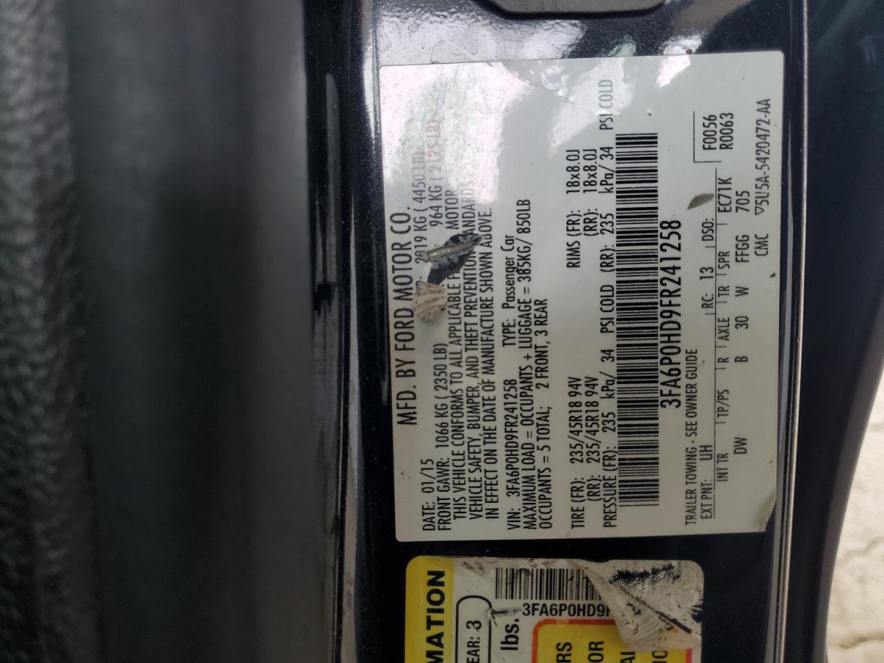 2015 Ford Fusion Se VIN: 3FA6P0HD9FR241258 Lot: 87120015