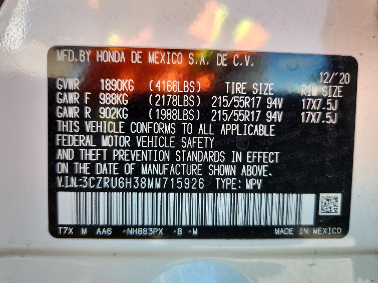 2021 Honda Hr-V Lx VIN: 3CZRU6H38MM715926 Lot: 84811875