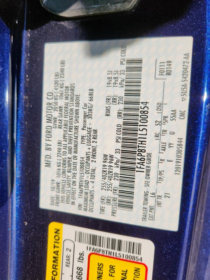 2020 Ford Mustang VIN: 1FA6P8TH1L5100854 Lot: 90025915