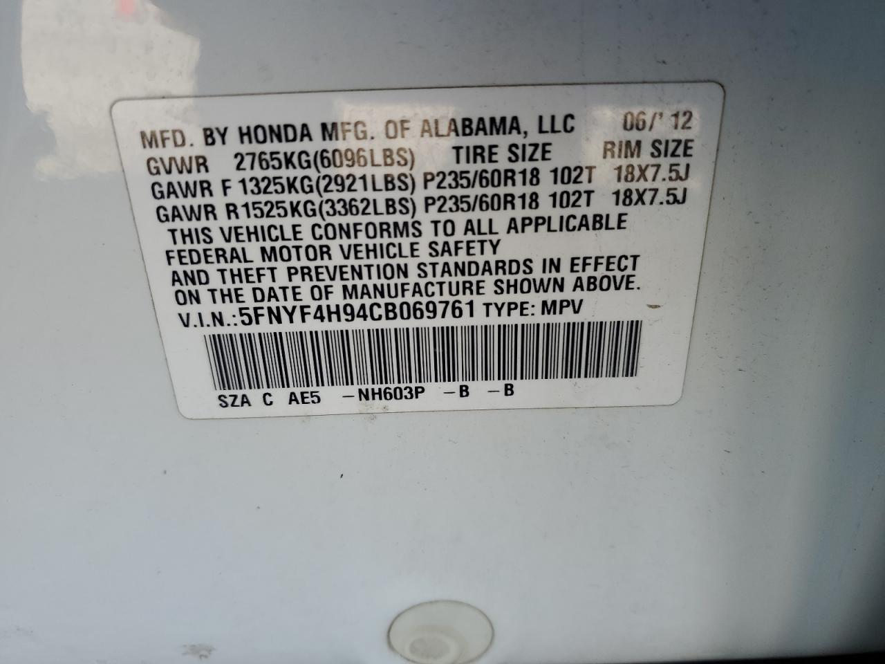 2012 Honda Pilot Touring VIN: 5FNYF4H94CB069761 Lot: 87122675