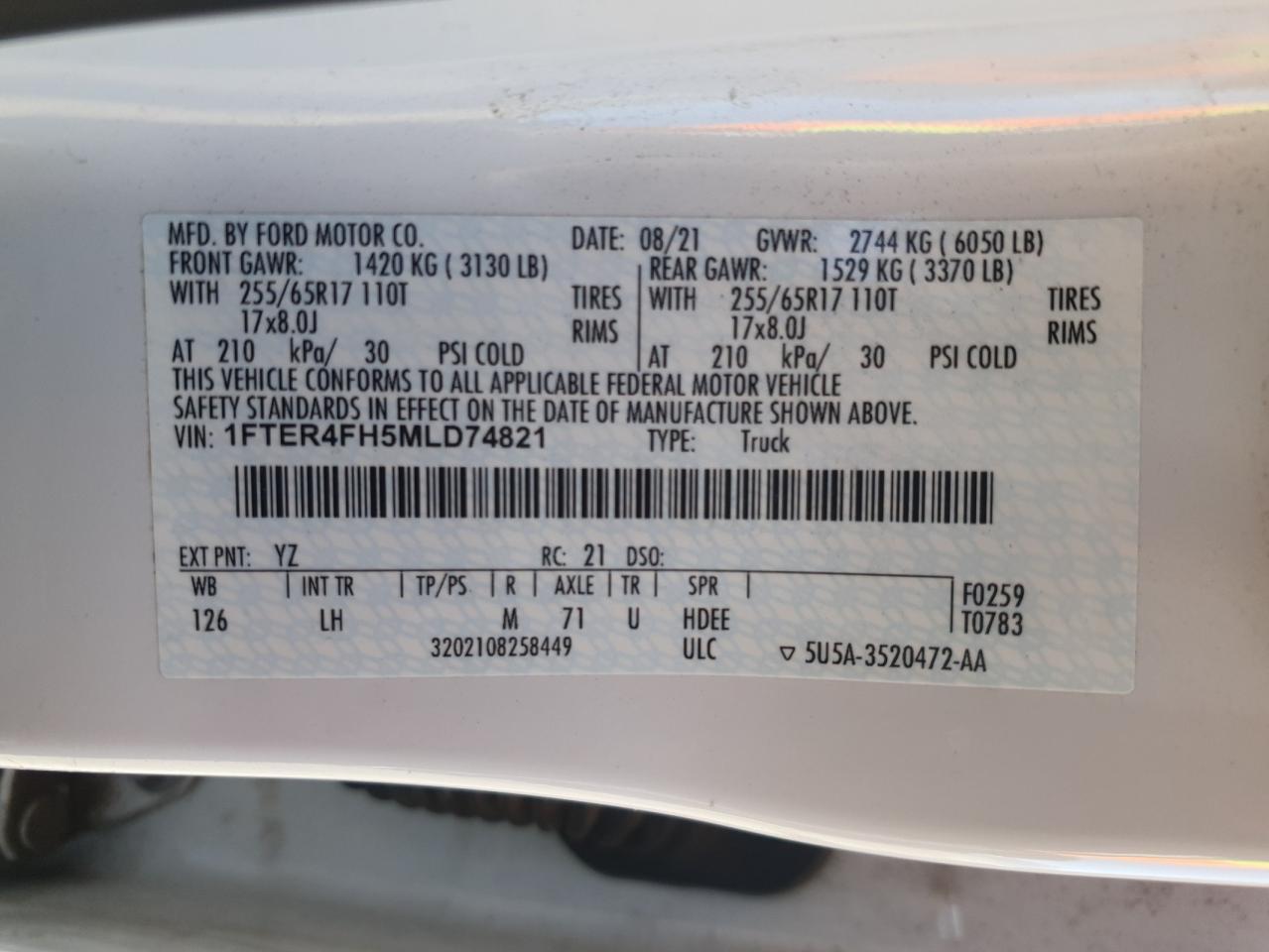 2021 Ford Ranger Xl VIN: 1FTER4FH5MLD74821 Lot: 87450155