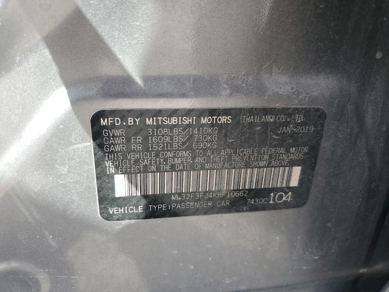 2019 Mitsubishi Mirage G4 Es VIN: ML32F3FJ4KHF10662 Lot: 82300755