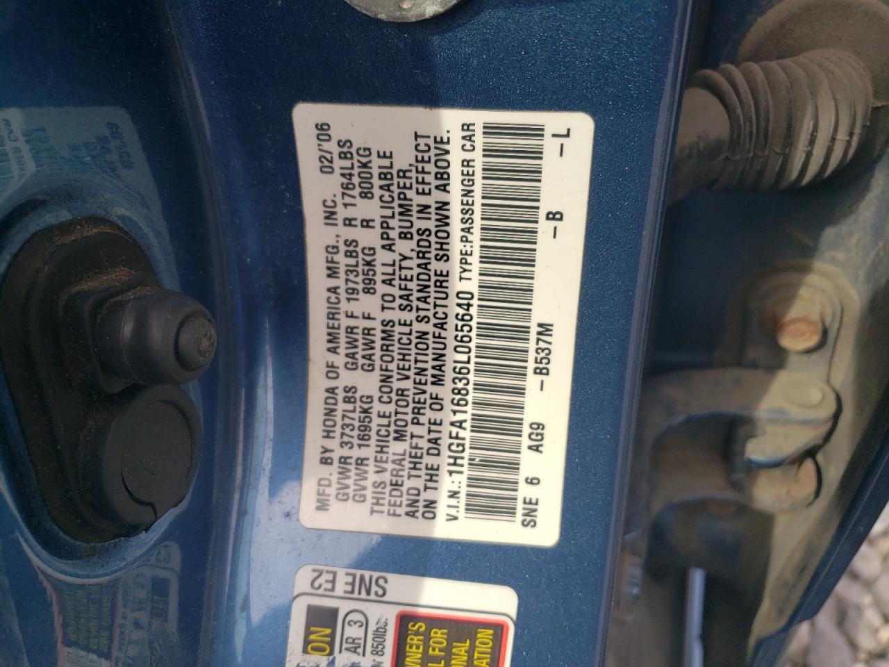 2006 Honda Civic Ex VIN: 1HGFA16836L065640 Lot: 86111885