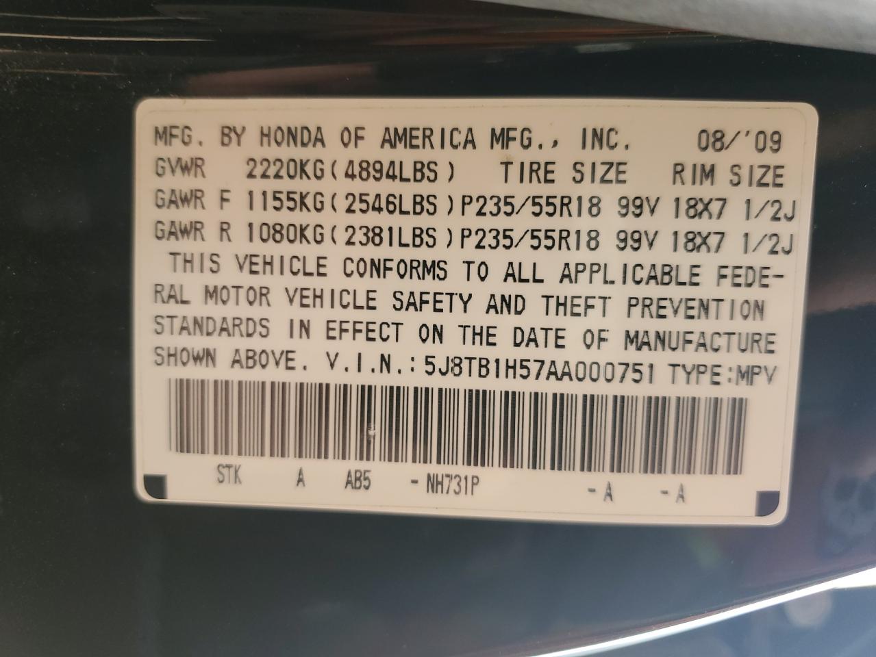 2010 Acura Rdx Technology VIN: 5J8TB1H57AA000751 Lot: 87375565