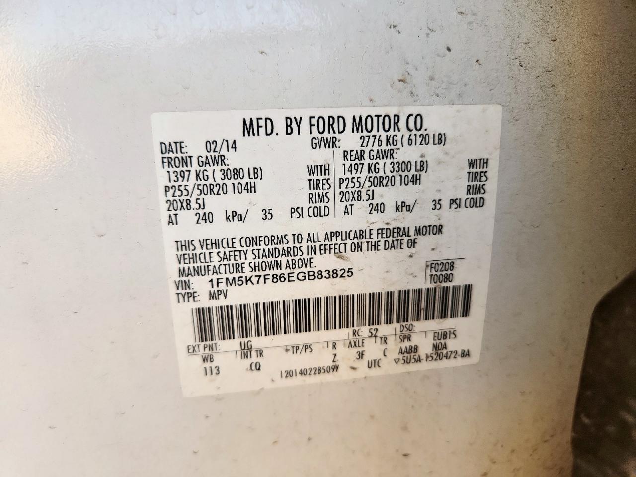 2014 Ford Explorer Limited VIN: 1FM5K7F86EGB83825 Lot: 82304455