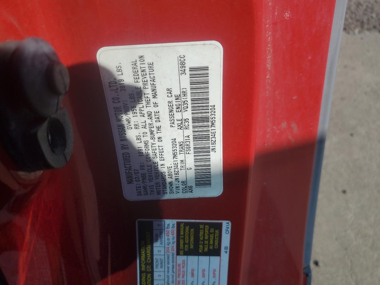 2007 Nissan 350Z Coupe VIN: JN1BZ34E17M553204 Lot: 84783945