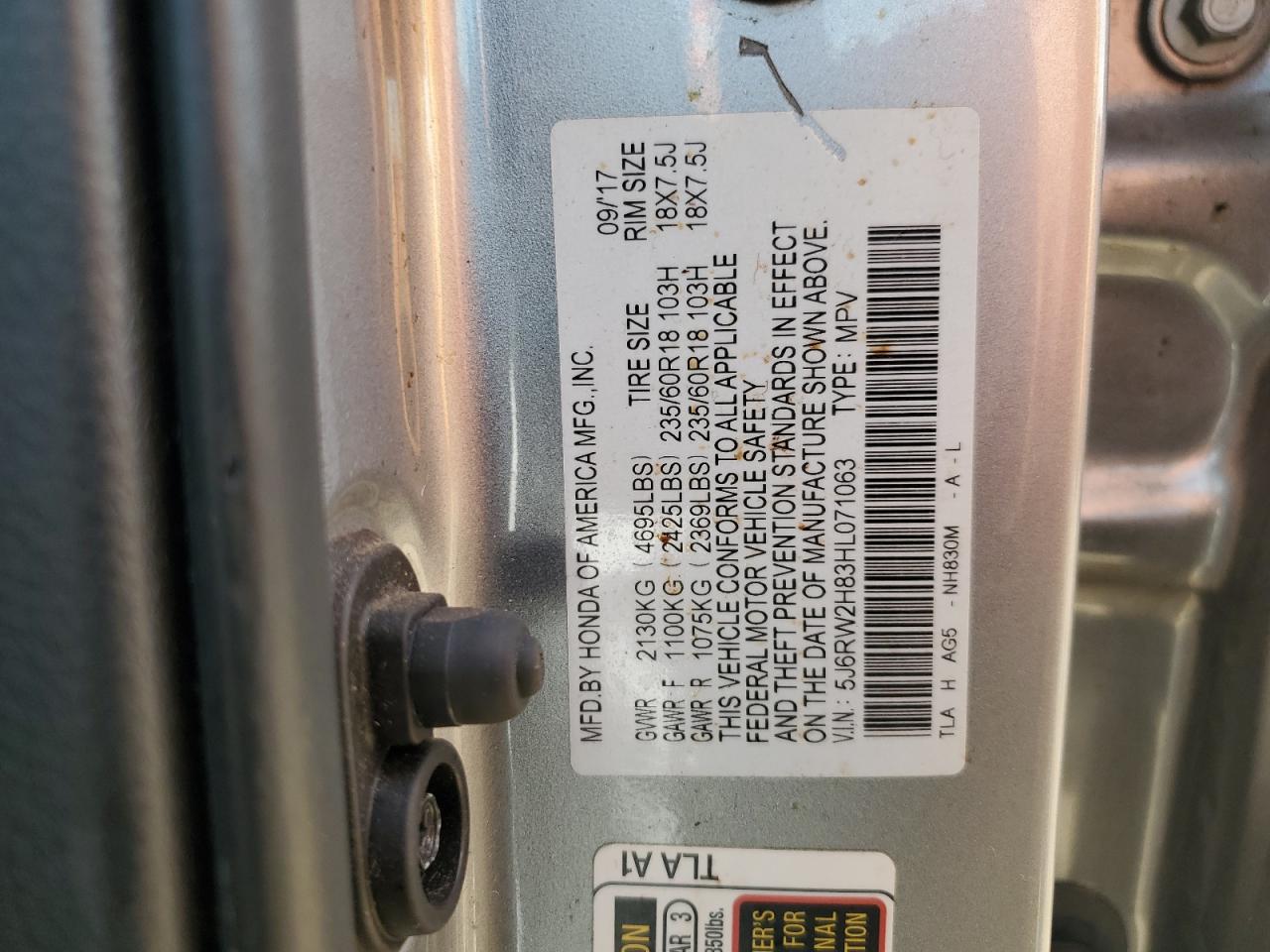 2017 Honda Cr-V Exl VIN: 5J6RW2H83HL071063 Lot: 84565395