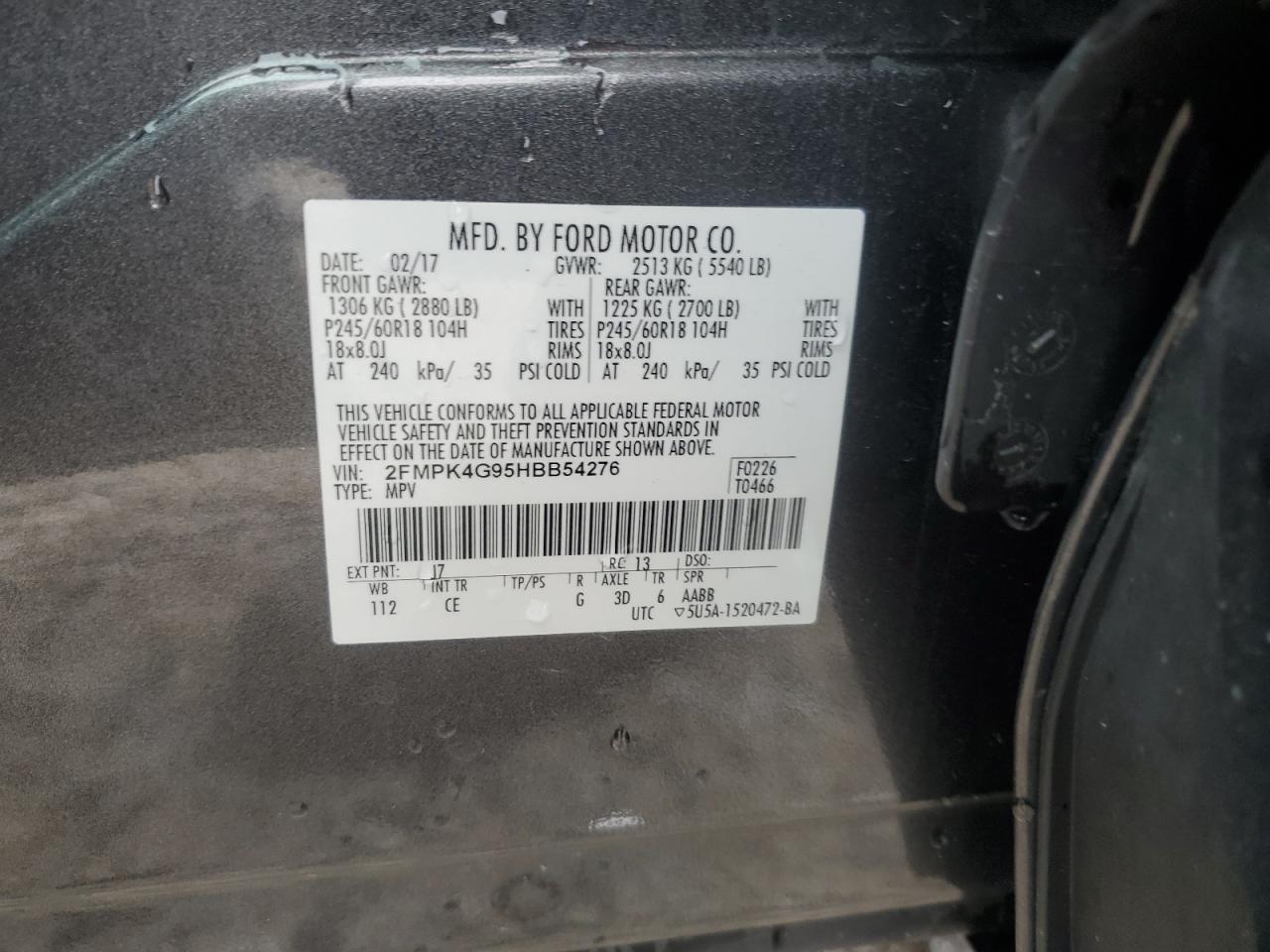 2017 Ford Edge Se VIN: 2FMPK4G95HBB54276 Lot: 84609565