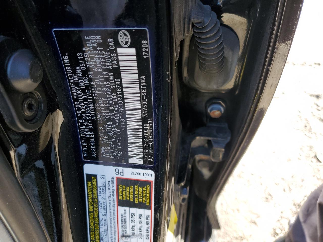 2013 Toyota Camry L VIN: 4T4BF1FK3DR316790 Lot: 82217995