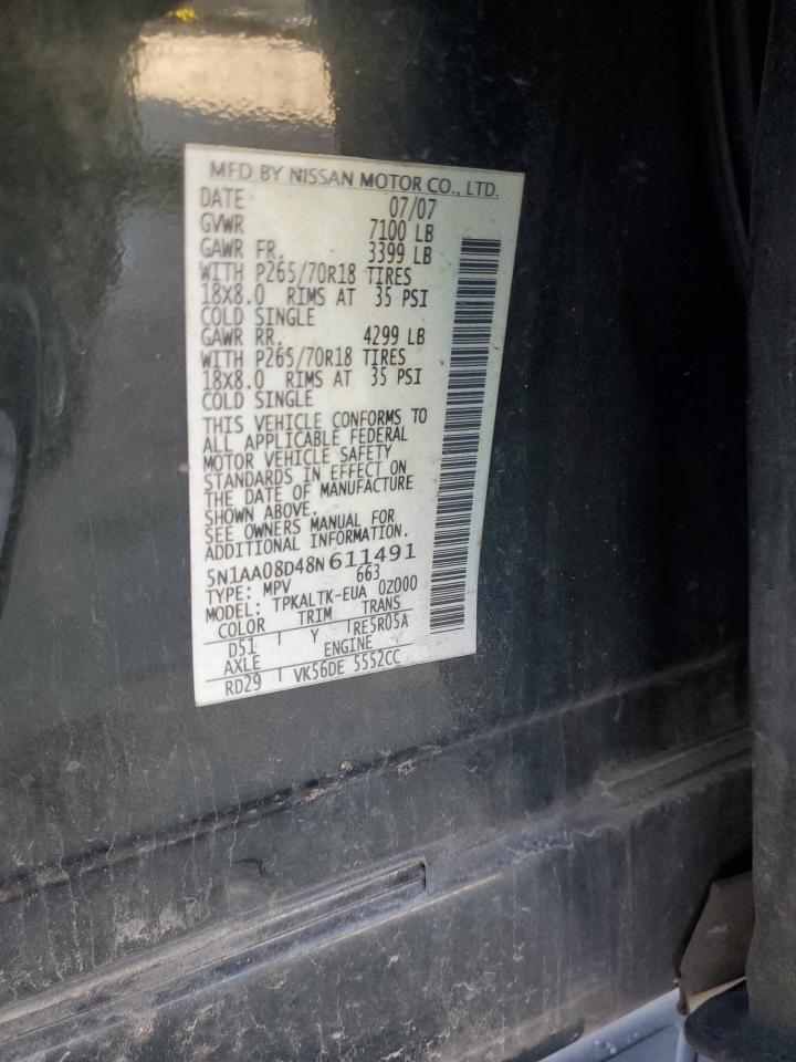 2008 Nissan Armada Se VIN: 5N1AA08D48N611491 Lot: 85179075