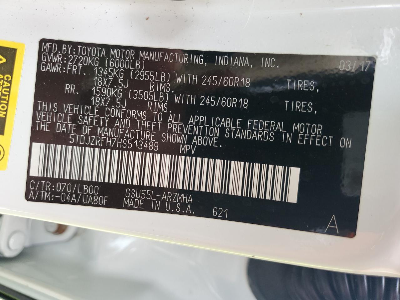 2017 Toyota Highlander Se VIN: 5TDJZRFH7HS513489 Lot: 84855045