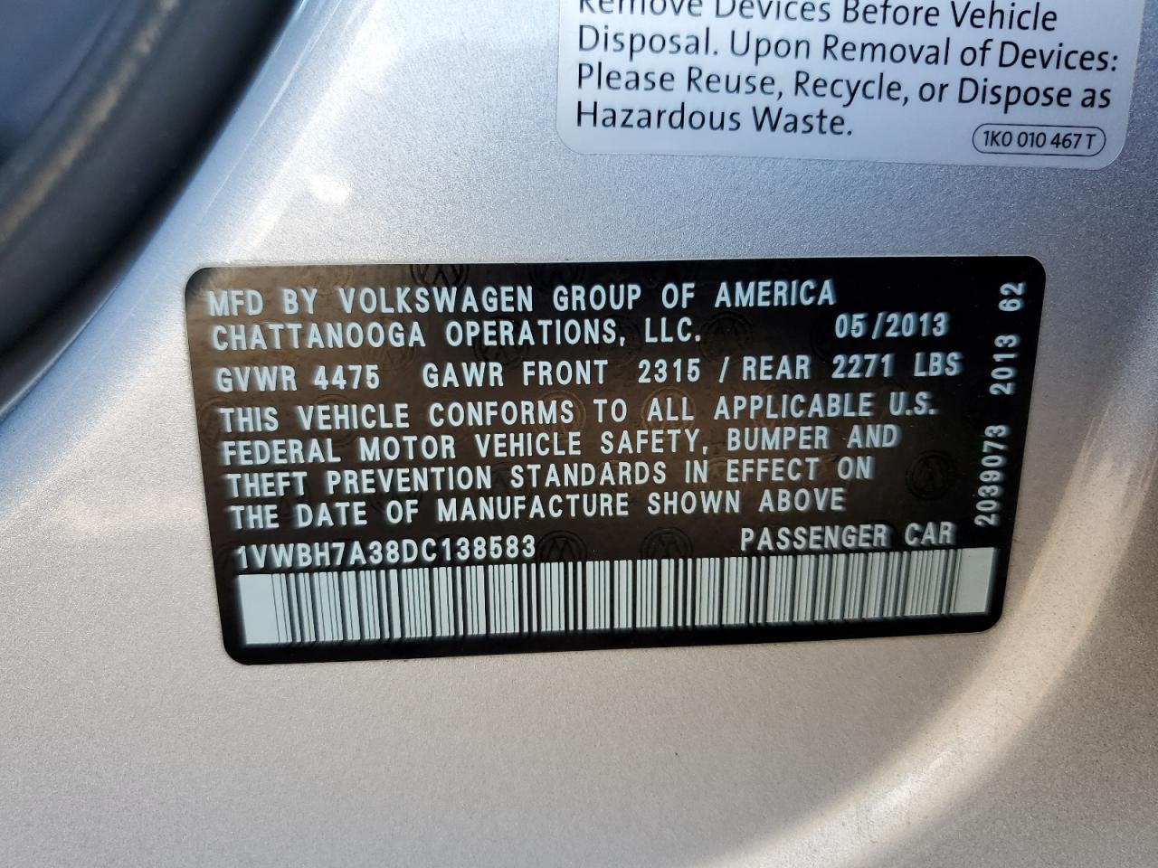 2013 Volkswagen Passat Se VIN: 1VWBH7A38DC138583 Lot: 85715285